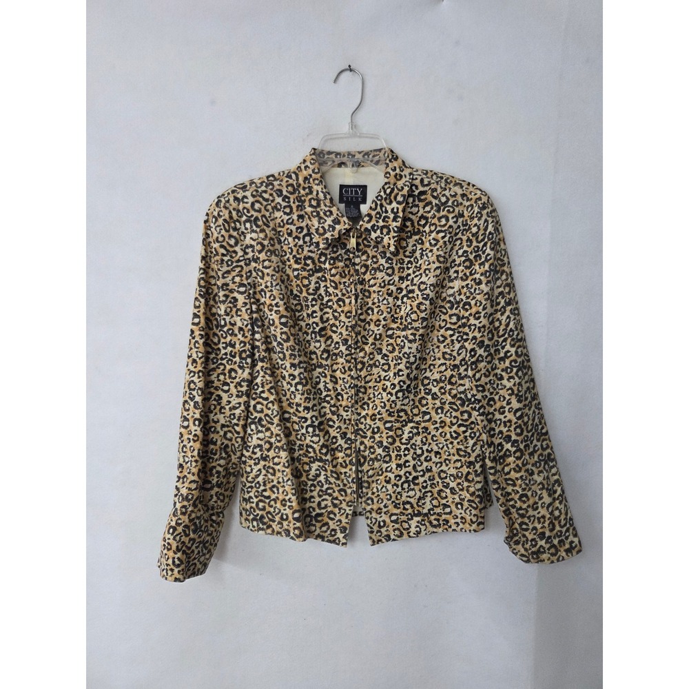 City Silk Jacket Women 6 Tan Leopard Print Silk Full Zip Collared Long Sleeve‎